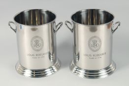 A PAIR OF LOUIS ROEDERER CIRCULAR TWO HANDLED COOLERS. 9.5ins high, 7ins diameter.