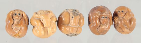 FIVE SMALL CARVED NUT NETSUKES 1in.
