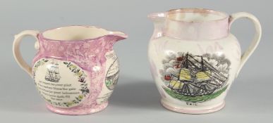 TWO SUNDERLAND PINK LUSTRE JUGS, Thomas Reed, 1788 - 1982 & BRIG. 4ins high.(2).