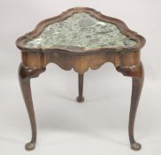 A DUTCH MAHOGANY SHAPED TABLE with inset marble top, small drawer on cabriole legs ending in pad