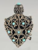 A FILIGREE SILVER HEART SHAPED SCENT BOTTLE