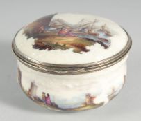 A 19TH CENTURY CONTINENTAL PORCELAIN CIRCULAR BOX AND COVER, the top and sides painted with figures,