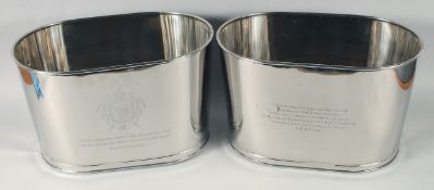 A PAIR OF LARGE NAPOLEON BONAPARTE OVAL WINE COOLERS. 15ins long, 10ins diameter.