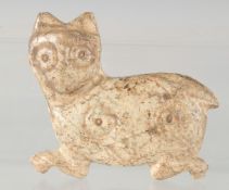 A RARE EARLY ISLAMIC - POSSIBLY PERSIAN GHAZNAVID, CARVED MARBLE CAT, 12cm at widest point.