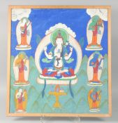 A FRAMED THANGKA PAINTING, with buddhistic figures, framed and glazed, image 57cm x 54cm.