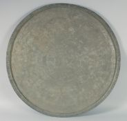 A LARGE 18TH CENTURY OTTOMAN ARMENIAN SIGNED TINNED COPPER TRAY, 69cm diameter.