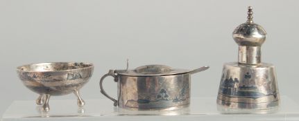 A FINE SIGNED IRAQI NIELLO SILVER CRUET SET, weight 130g: combined, (3 pieces and spoon).