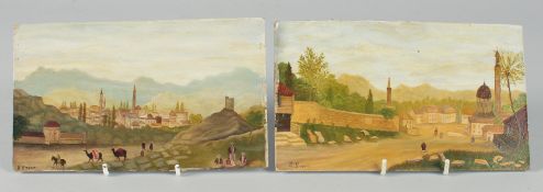TWO EUROPEAN ANTIQUE OIL PAINTINGS ON BOARD of Islamic subjects, each signed E. Green, 12cm x 20.