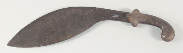 A 19TH CENTURY INDIAN KUKRI BROAD-BLADED KNIFE, with chased handle, 47cm long.