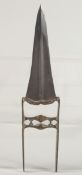 A 19TH CENTURY NORTH INDIAN GOLD INLAID STEEL KATAR DAGGER, 29.5cm long.