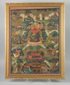 A FRAMED TIBETAN THANGKA PAINTING, with central buddha and various scenes, framed and glazed,