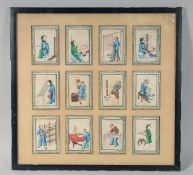 A GOOD COLLECTION OF TWELVE CHINESE PITH PAINTINGS, depicting figures carrying out various pursuits,