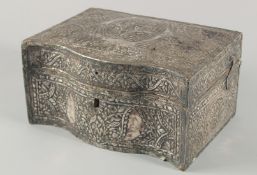 A LARGE EARLY 19TH CENTURY OTTOMAN TURKISH SILVER CLAD WOODEN BOX, the silver overlay with