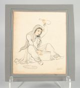 AN INDIAN MINIATURE PAINTING ON PAPER of a seated female figure, 22.5cm x 20cm.