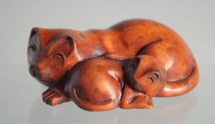 A JAPANESE BOXWOOD NETSUKE OF A CAT and kitten.