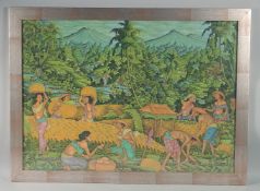 A LARGE FRAMED BALINESE PAINTING ON CANVASS, depicting a scene of village farmers harvesting rice
