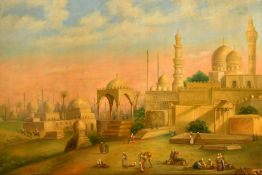 J. VILARELS, 20TH CENTURY, FIGURES GATHERED IN AN EASTERN CITY WITH MINARETS AND TOWERS, oil on