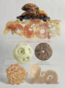 A COLLECTION OF SIX CHINESE HARDSTONE PIECES, comprising a jade puzzle ball, a tiger's eye figure