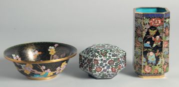THREE CHINESE CLOISONNE ENAMELLED ITEMS, comprising a black ground bowl, a octagonal brush pot and a