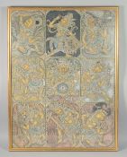 A LARGE FRAMED THANGKA PAINTING, depicting various buddhistic figures, framed and glazed, image 84cm