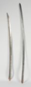 TWO 19TH CENTURY SWORD BLADES, one with inscription, 91cm and 81cm long, (2).