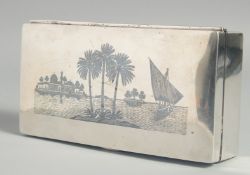A LARGE IRAQI NIELLO SILVER CIGAR BOX, weight 530g, 18cm x 9cm.