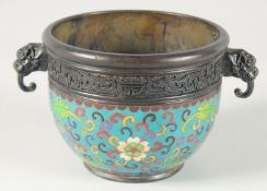 A CHINESE CLOISONNE ENAMELLED BRONZE TWIN HANDLE CENSER, decorated with floral motifs, 19cm wide (