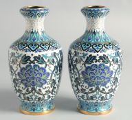 A GOOD PAIR OF BLUE, WHITE AND GREEN CLOISONNE VASES, decorated with intertwined foliate design with