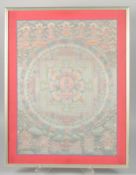 A TIBETAN THANGKA SILVERED WHEEL OF LIFE PAINTING, framed and glazed, 49.5cm x 36.5cm.