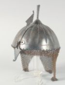 AN INDIAN KOFTGARI STEEL HELMET, with sliding nose guard and chain mail neck guard.