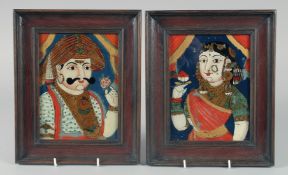 TWO 19TH CENTURY SOUTH INDIAN - POSSIBLY TANJORE, REVERSE GLASS PAINTINGS ON GLASS of a noble
