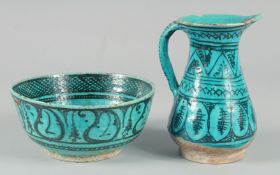 A 17TH CENTURY PERSIAN SAFAVID KUBACHI BOWL AND SIMILAR JUG, bowl 18cm diameter, jug 17cm high, (