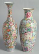 TWO CHINESE FAMILLE ROSE EGGSHELL PORCELAIN VASES, each decorated all over with flowers, (2).