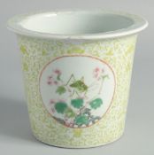A CHINESE FAMILLE ROSE PORCELAIN PLANT POT, decorated with a panel of an insect and two panels of