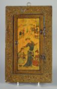 A PERSIAN QAJAR LACQUER CASED MIRROR, the hinged cover painted with a scene including a dancer and
