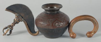 A MIXED LOT OF THREE METAL ITEMS, comprising an engraved and chased vase decorated with peacocks,