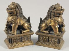 A SMALL PAIR OF BRONZE TEMPLE LIONS, 10.5cm high.
