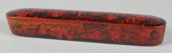 A FINE 19TH CENTURY PERSIAN QAJAR LACQUERED PAPIER MACHE PEN BOX / QALAMDAN, painted with panels