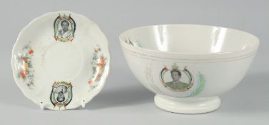 TWO SIGNED IRAQI PORCELAIN ITEMS DEPICTING KING FAISAL, bowl 18cm diameter, saucer 13cm diameter, (