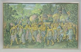 A VERY LARGE FRAMED BALINESE PAINTING ON CANVASS, depicting a scene of village farmers harvesting