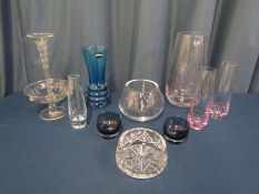 Collection of glassware including LSA and Dartington blue crystal vase
