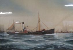 Large framed watercolour depicting Hull steam trawler H767 