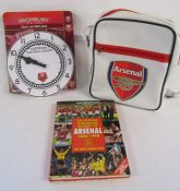 Arsenal Football club memorabilia, messenger bag, book and wall clock