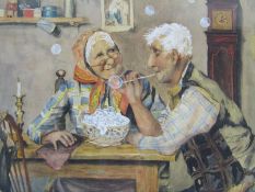 19th century framed Continental watercolour / gouache of couple blowing bubbles 43.5cmx33.5cm (