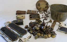 Brass jam pan, selection of brass door knobs, rim locks, 9 Victorian ceramic finger plates, Indian