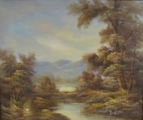 Framed oil on canvas depicting wooded landscape signed 'Burton' measuring approx. 29
