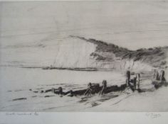 E Popple landscape etching - 'South Foreland' damage to glass 50cm x 40cm (including frame)