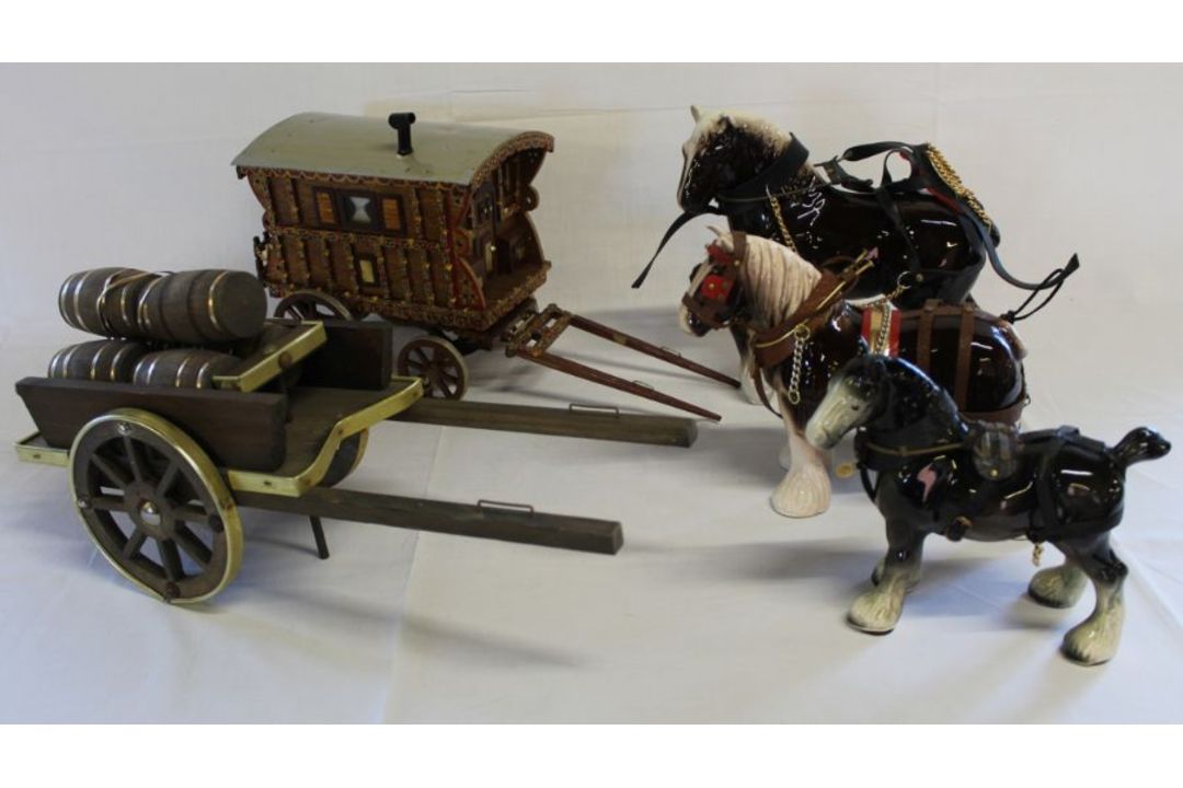 3 ceramic shire horses & gypsy caravan / cart