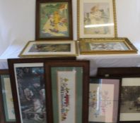 Selection of framed prints including vintage K Nixon & embroidered panels