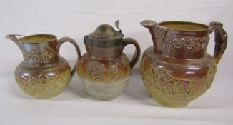 Collection of brown salt glaze jugs, one with pewter lid - depicting horse and hounds